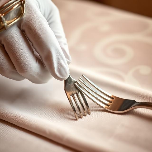 White glove adjusting silver fork